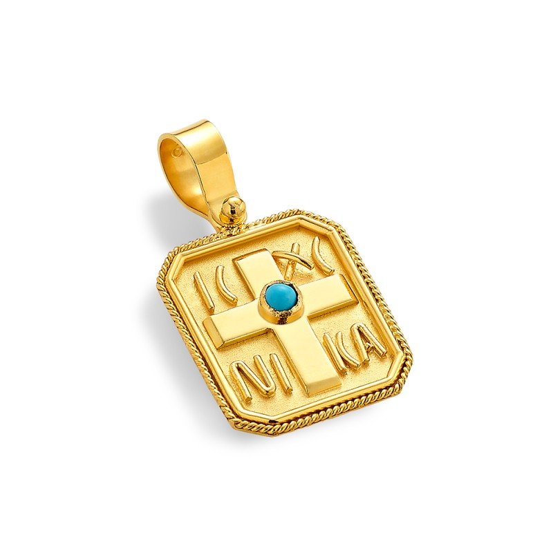 Damaskos Byzantine 18K Gold Constantinato Cross with Turquoise - Virgin Mary
