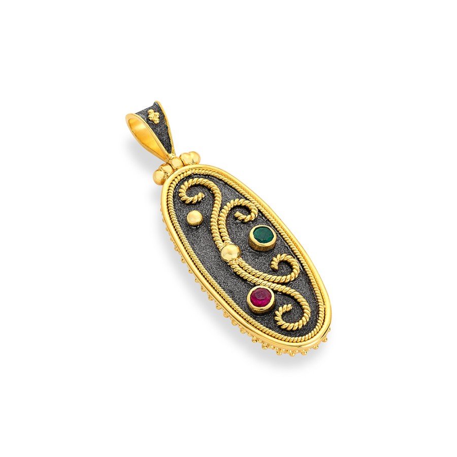 Damaskos Byzantine 18K Gold Pendant with Emerald & Ruby - Black Platinum