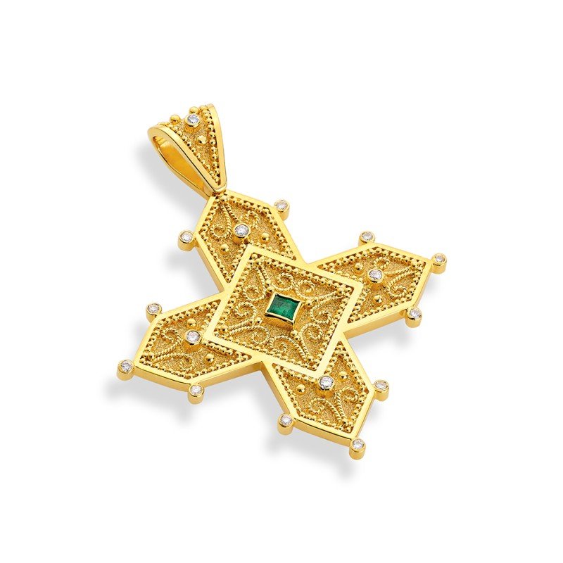 Damaskos Byzantine 18K Gold Cross with Emerald & Diamonds - Twisted Wire