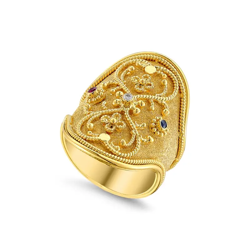 Damaskos Byzantine 18K Rodakes Gold Ring with Ruby & Diamond