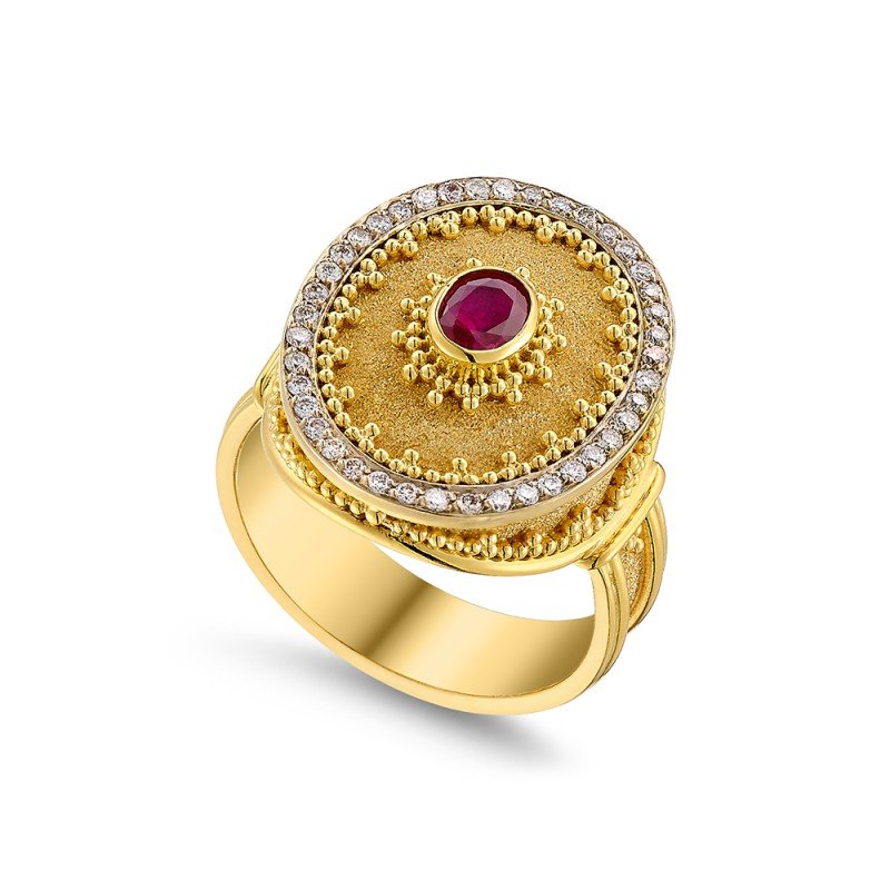 Damaskos Byzantine 18K Gold Ring with Ruby & Diamonds (0,40ct diamonds)