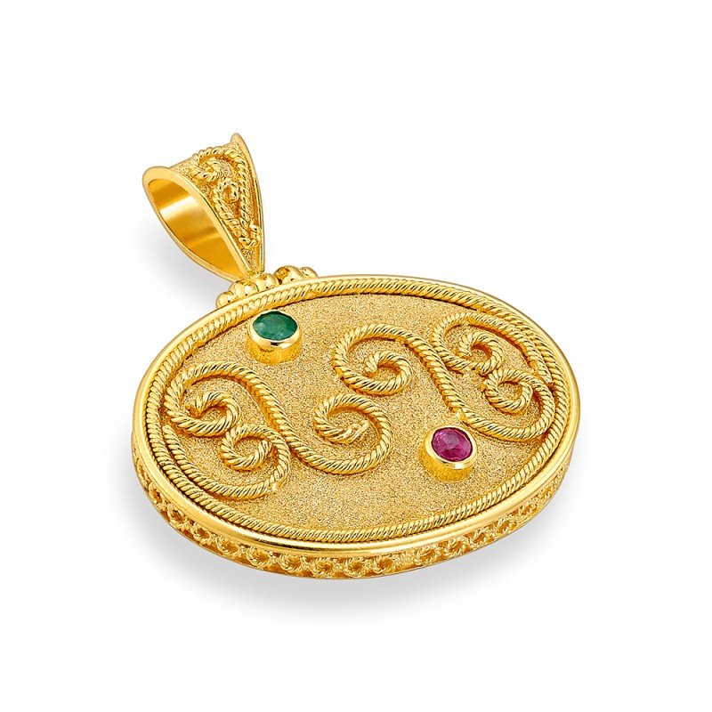 Damaskos Byzantine 18K Gold Pendant with Emerald & Ruby - Twisted Wire