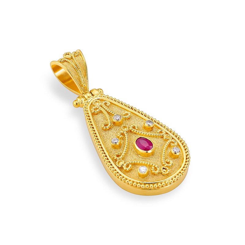 Damaskos Byzantine 18K Gold Pendant with Ruby