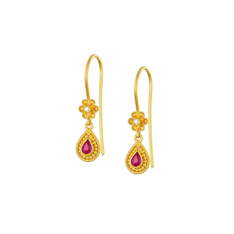 Damaskos Byzantine Floral 18K Gold Drop Earrings with Rubies
