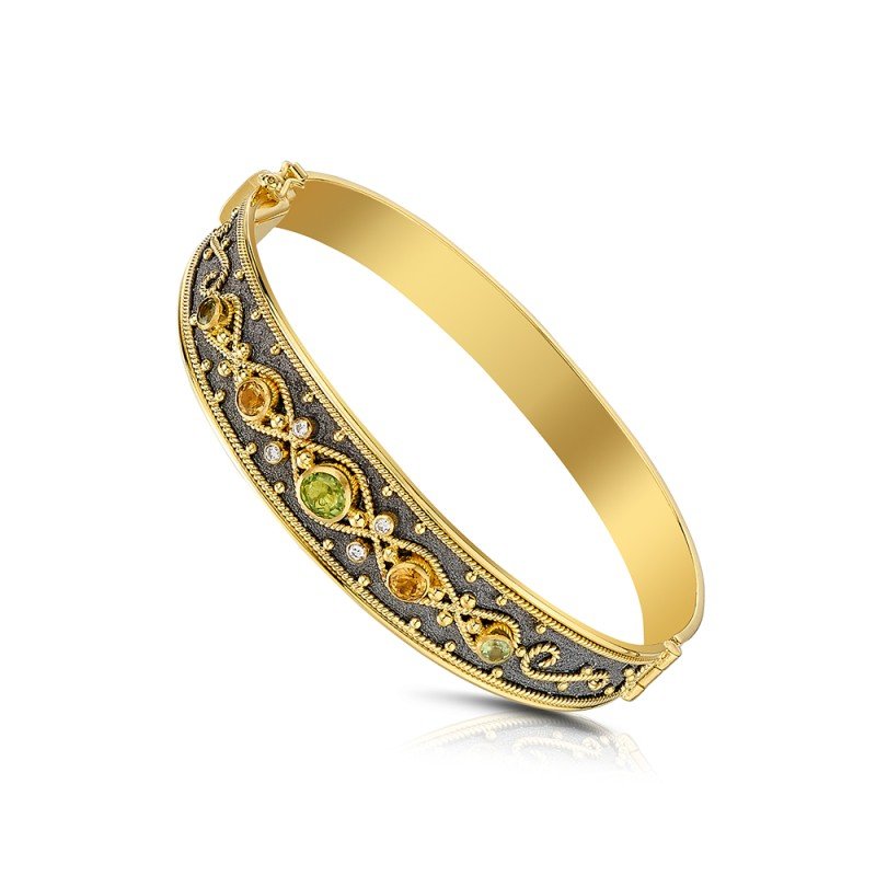 Damaskos Byzantine Filigree 18K Gold Bangle with Gemstones