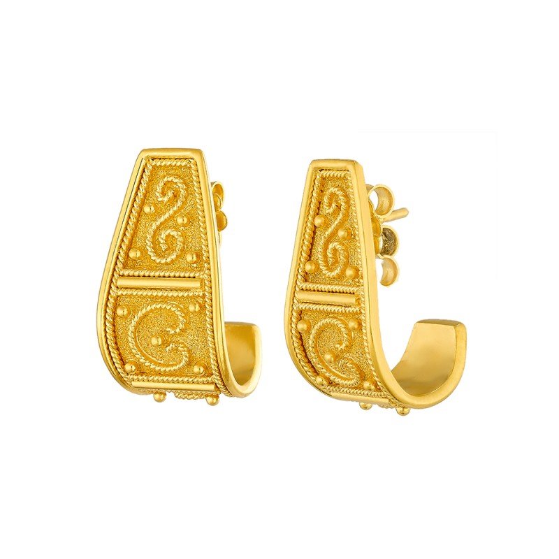 Damaskos Byzantine Engraved 18K Gold Hoop Earrings