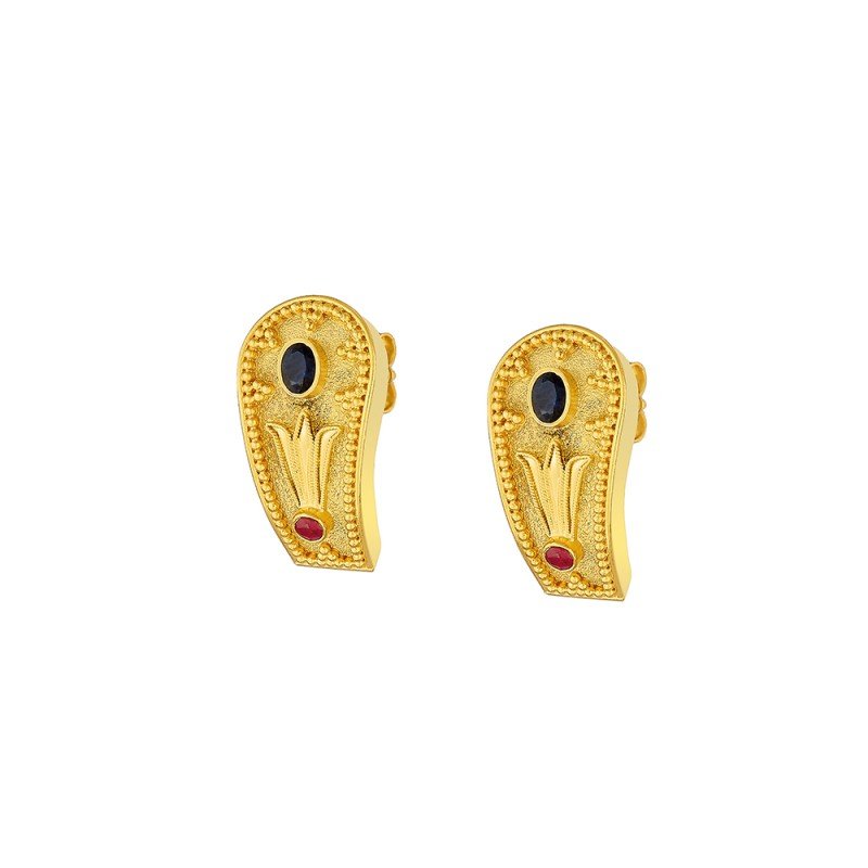 Damaskos Byzantine Paisley 18K Gold Earrings with Sapphires and Rubies