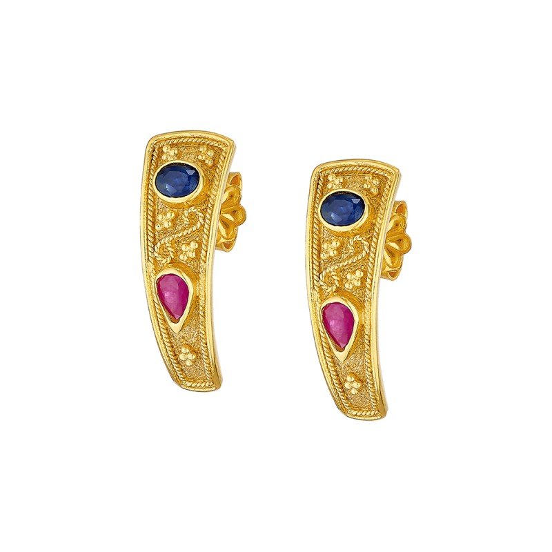 Damaskos Byzantine 18K Gold Stud Earrings with Sapphires and Rubies