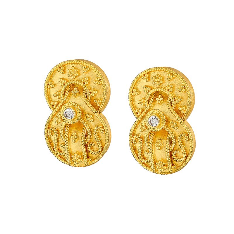 Damaskos Byzantine Double Medallion 18K Gold Earrings with Diamonds
