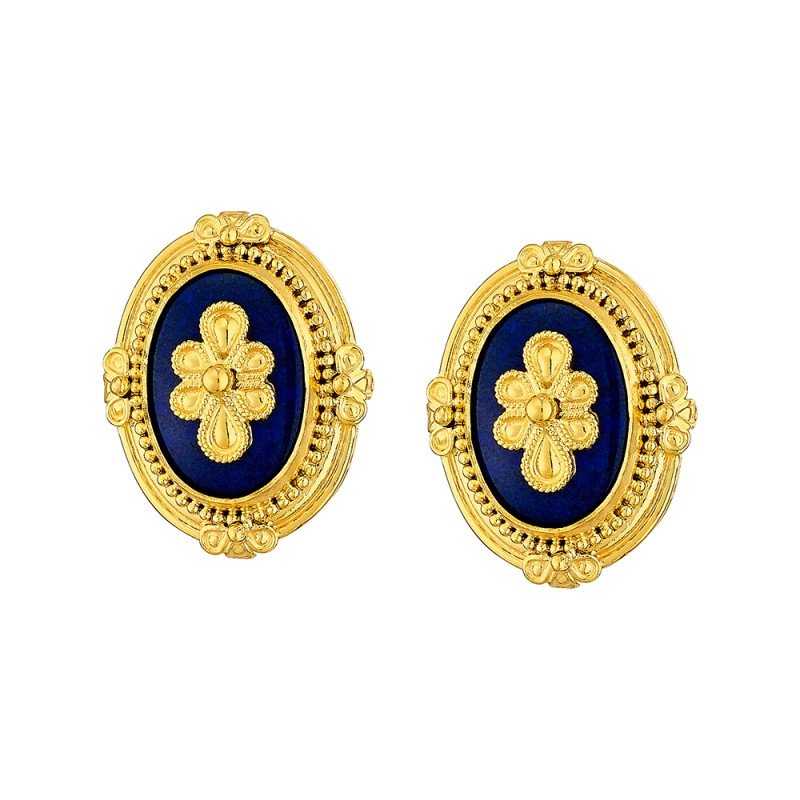 Damaskos Byzantine 18K Gold Oval Studs with Blue Enamel
