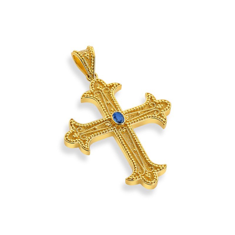 Damaskos Byzantine 18K Gold Cross with Oval Sapphire