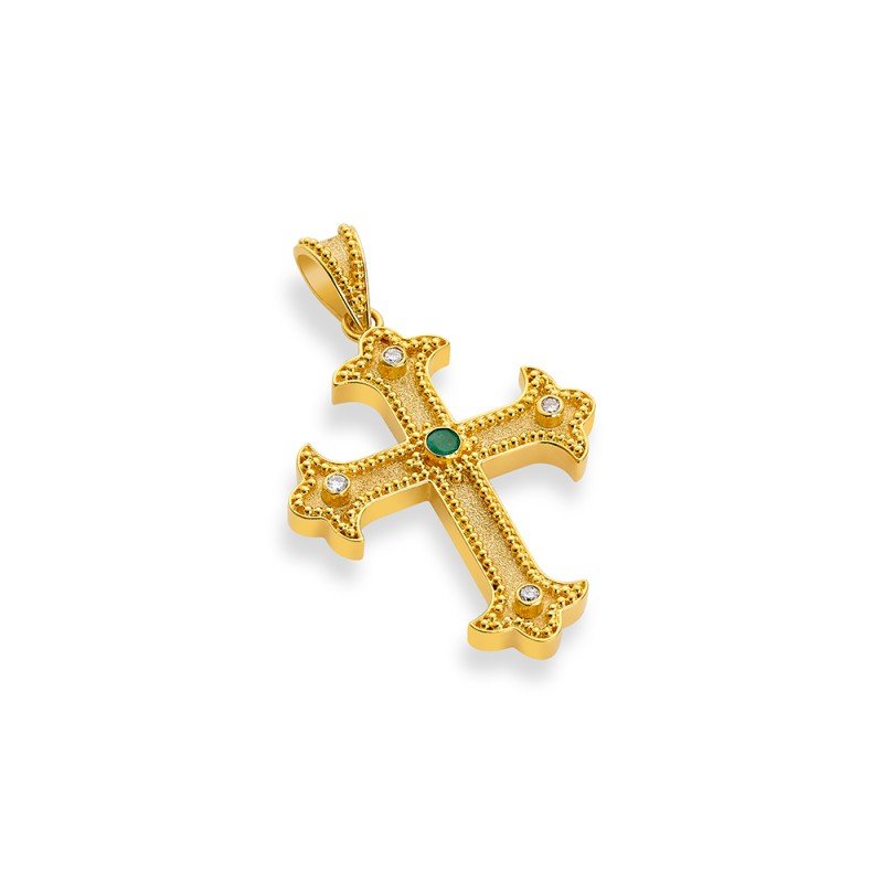 Damaskos Byzantine 18K Gold Cross with Emerald & Diamonds Martile Finish