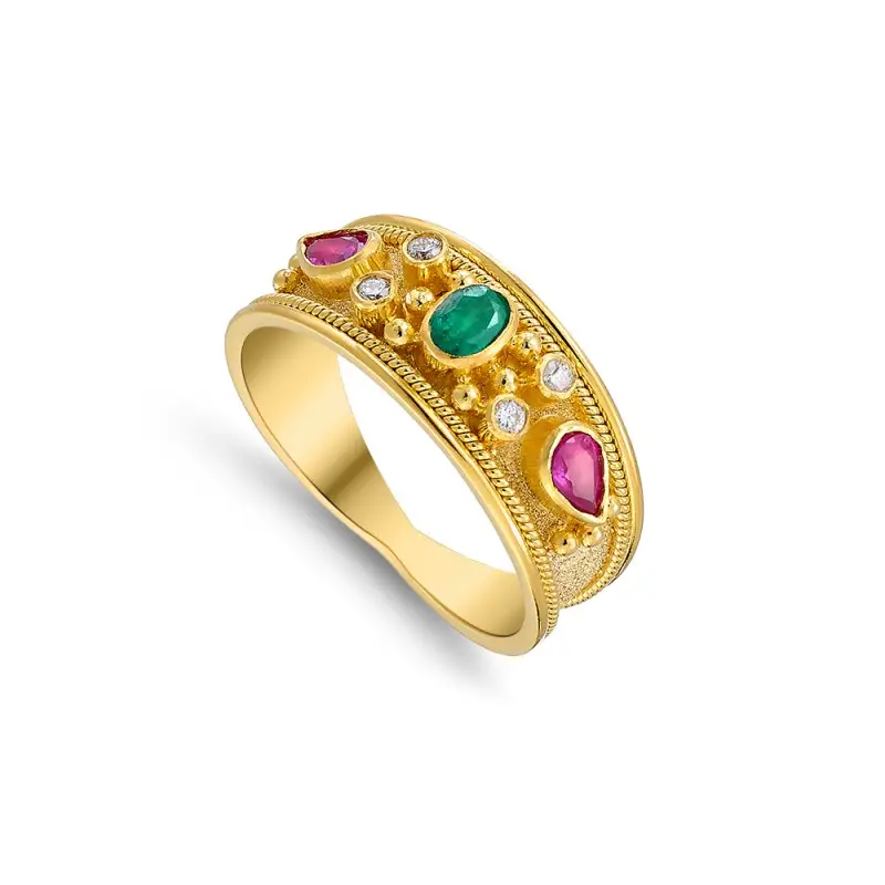Damaskos Byzantine 18K Gold Ring with Emerald & Rubies