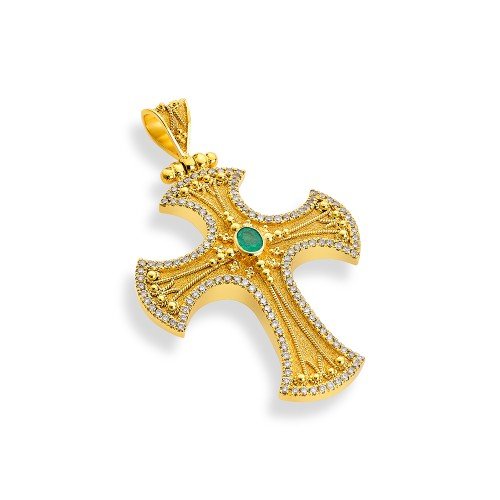 Damaskos Byzantine 18K Gold Cross with Emeralds and Diamonds