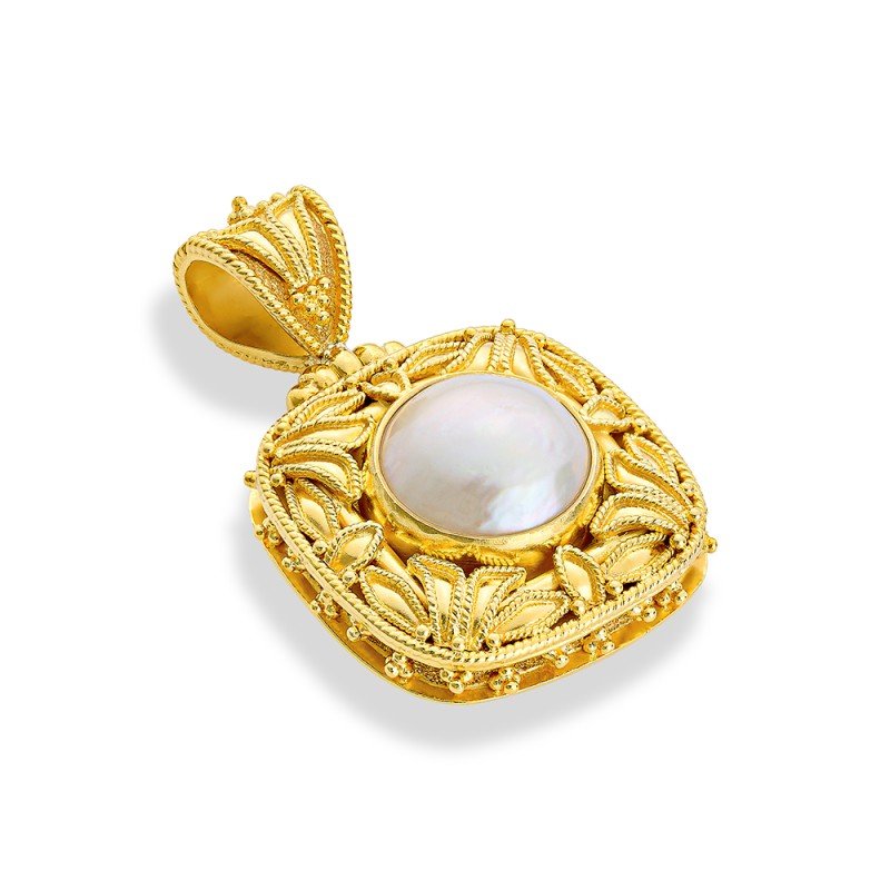 Damaskos Byzantine 18K Gold Pendant with Pearl