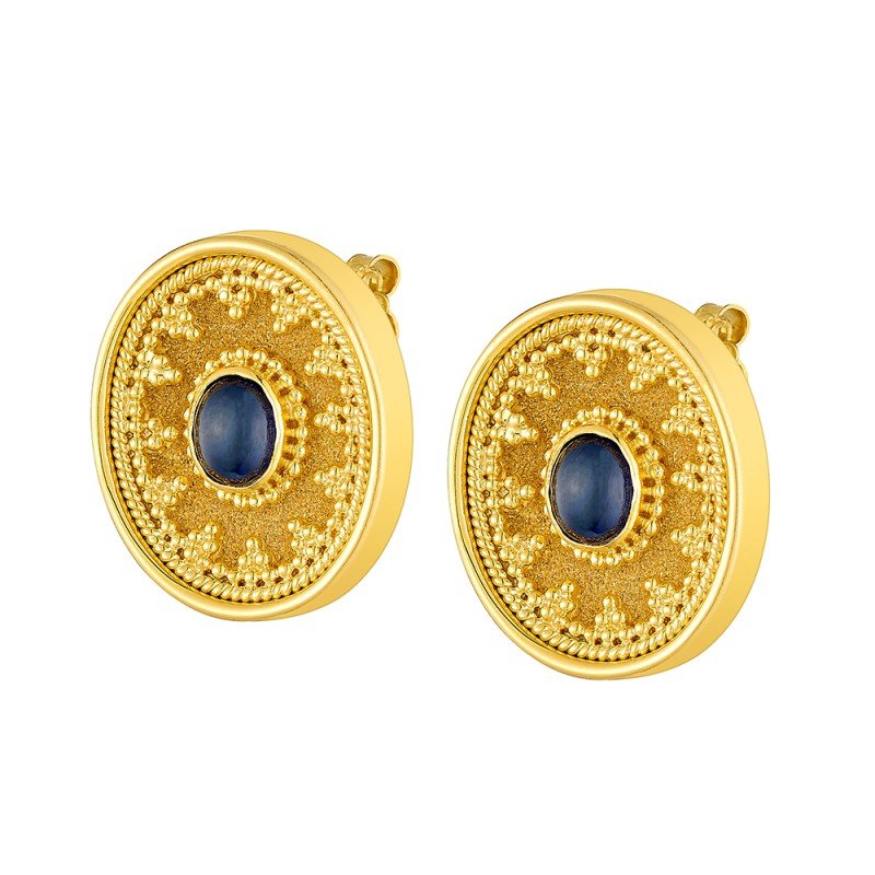 Damaskos Byzantine Oval Stud Earrings in 18K Gold with Blue Gems
