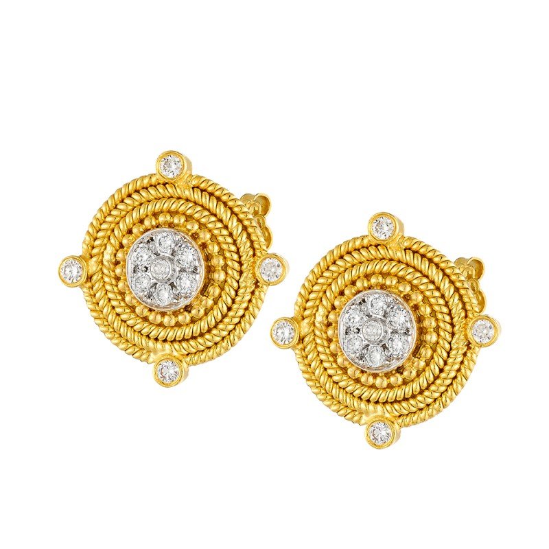 Damaskos Byzantine Medallion 18K Gold Stud Earrings with Diamonds