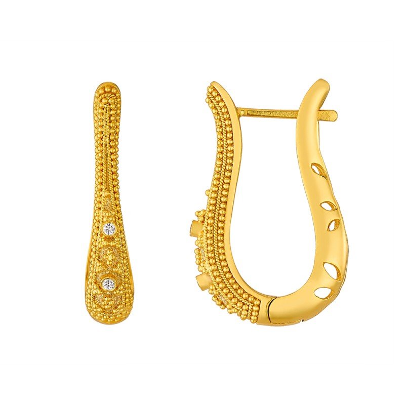 Damaskos Byzantine Lyre Hoop Earrings in 18K Gold with Diamonds