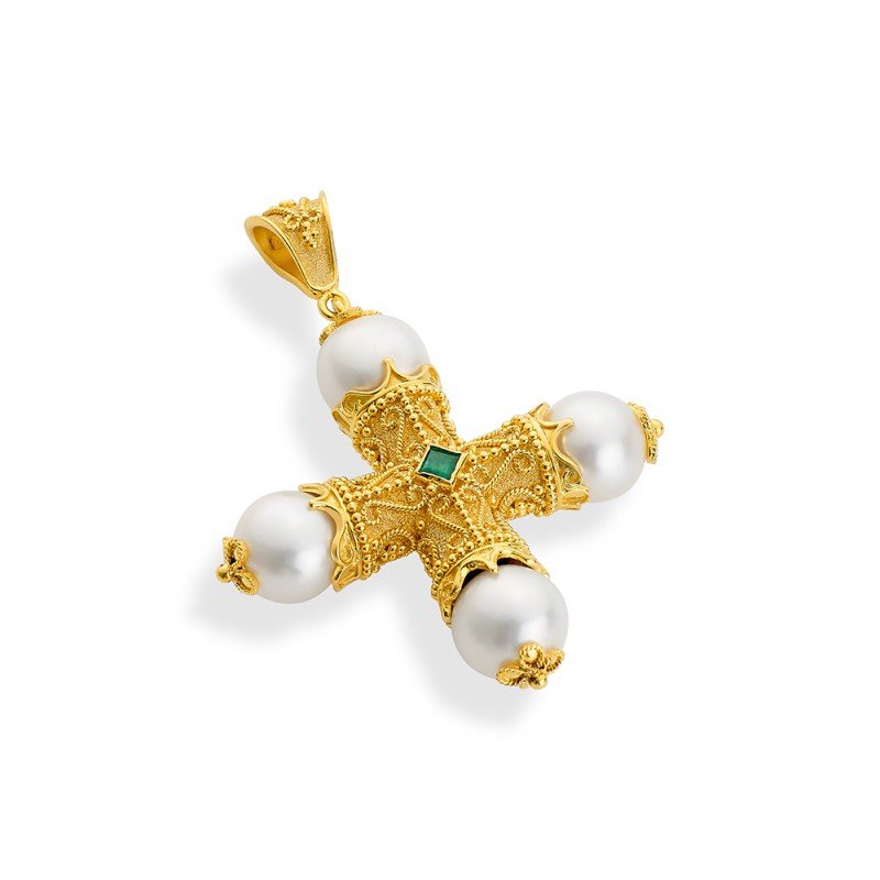 Damaskos Byzantine 18K Gold Cross with Ruby & Emerald