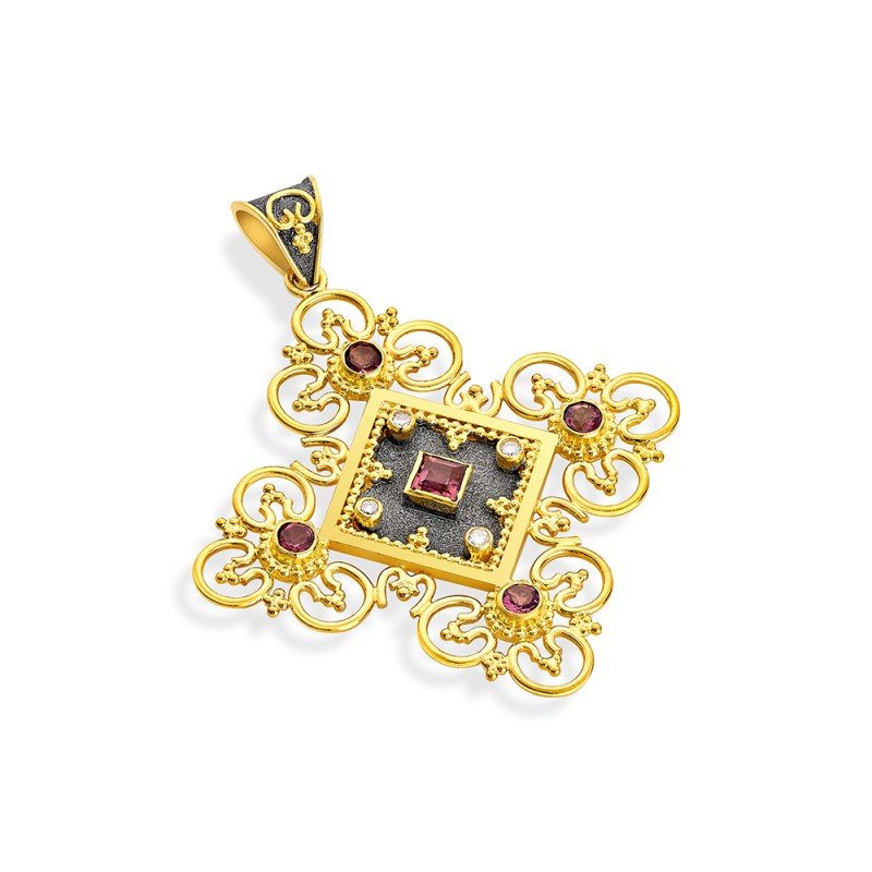Damaskos Byzantine 18K Gold Cross with Rubies & Diamonds - Granulation