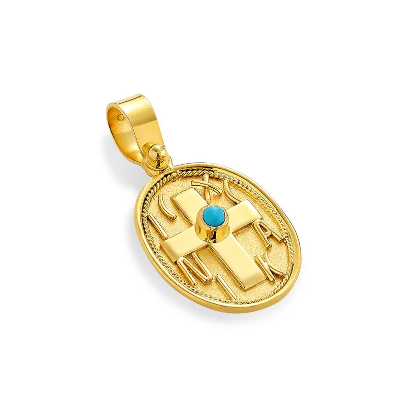 Damaskos Byzantine 18K Gold Constantinato Cross with Turquoise - Single-Sided