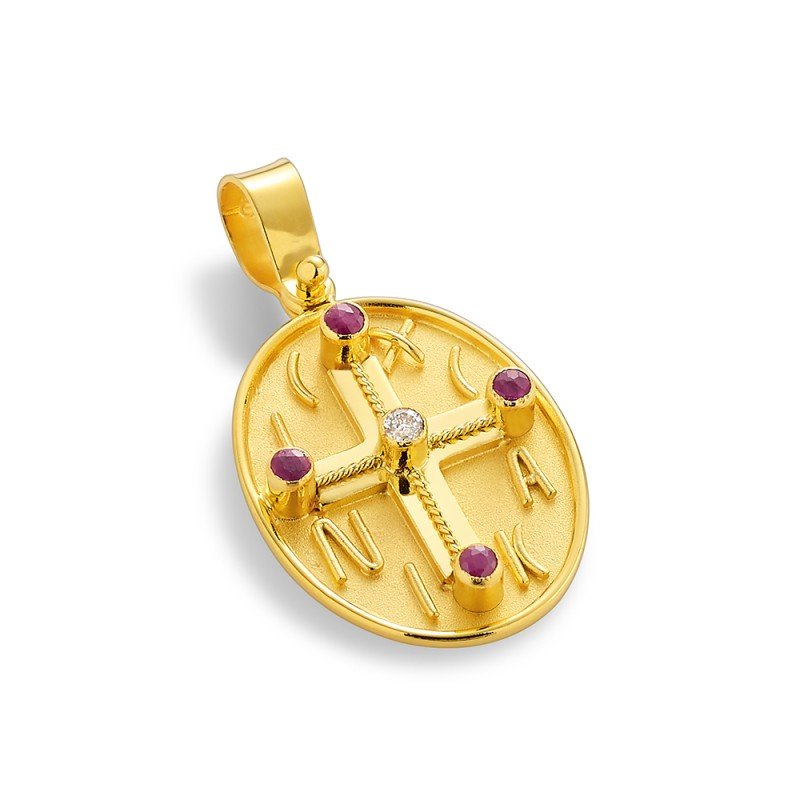 Damaskos Byzantine 18K Gold Constantinato Cross Pendant - Double-Sided with Rubies