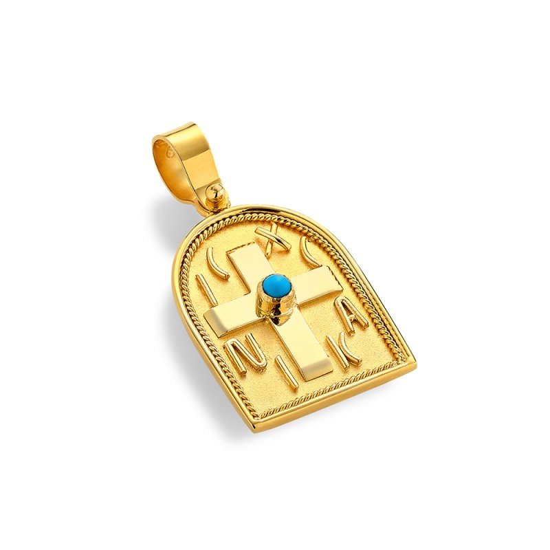 Damaskos Byzantine 18K Gold Constantinato Cross with Turquoise - Double Sided 2,5g