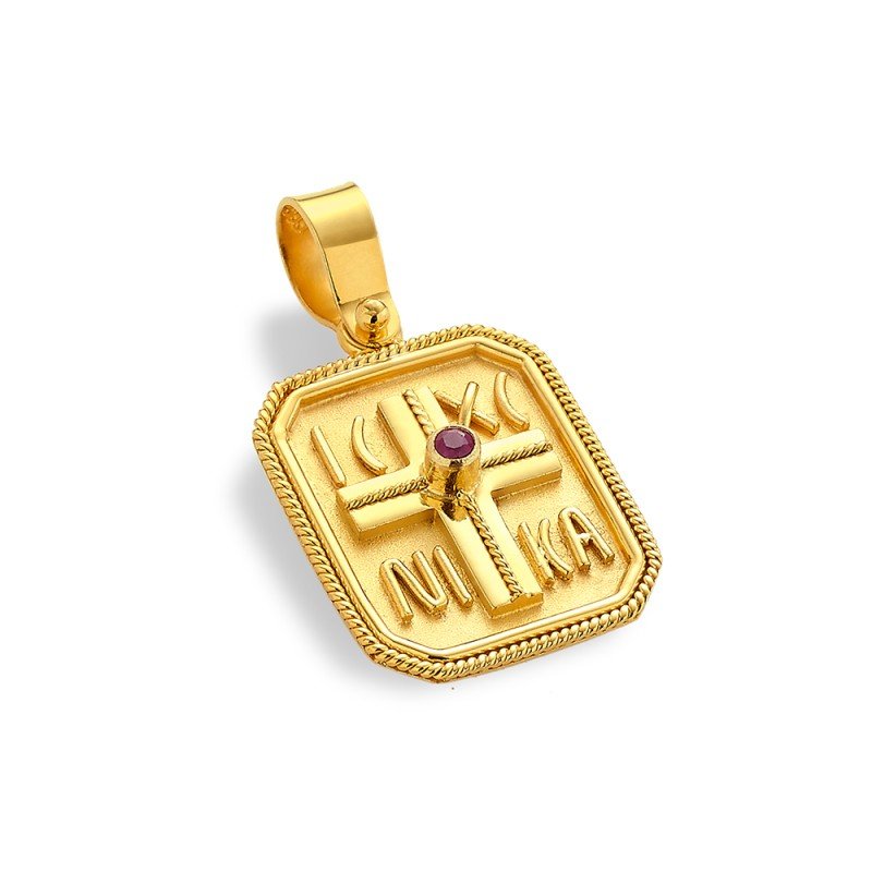 Damaskos Constantinato 18K Gold Cross with Ruby Double-Sided, Virgin Mary