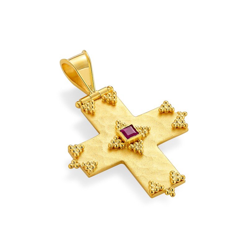 Damaskos Byzantine 18K Gold Cross with Square Ruby