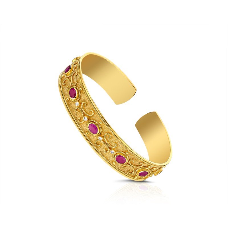 Damaskos Byzantine Filigree 18K Gold Cuff with Rubies