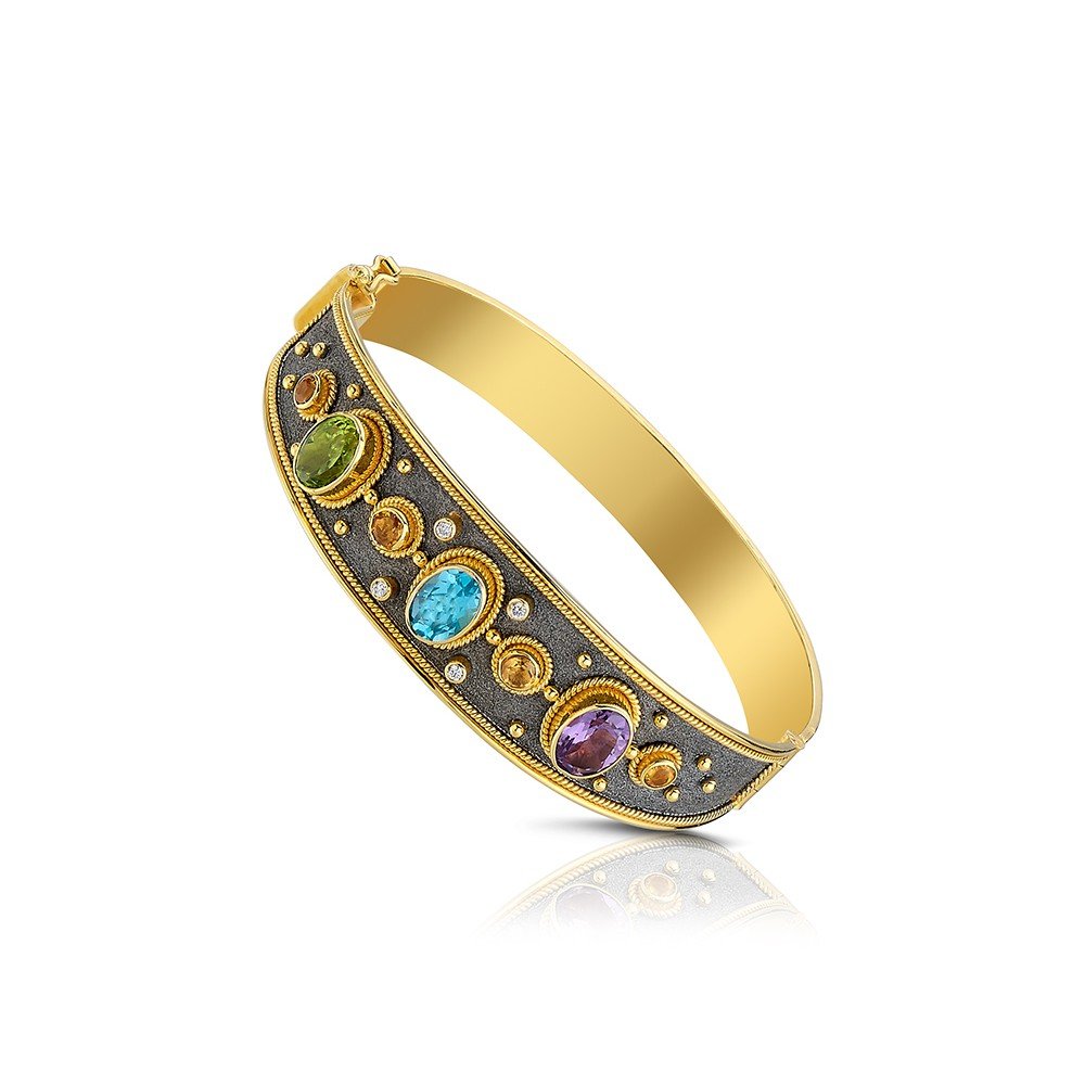 Damaskos Byzantine 18K Gold Bangle with Gems & Diamonds - Image 2
