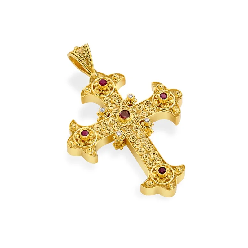 Damaskos Byzantine 18K Gold Cross with Natural Stones & Diamonds