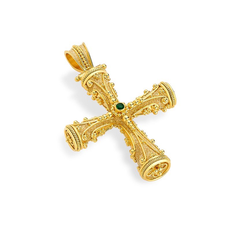 Damaskos Byzantine 18K Gold Cross with Emeralds & Diamonds Ornate