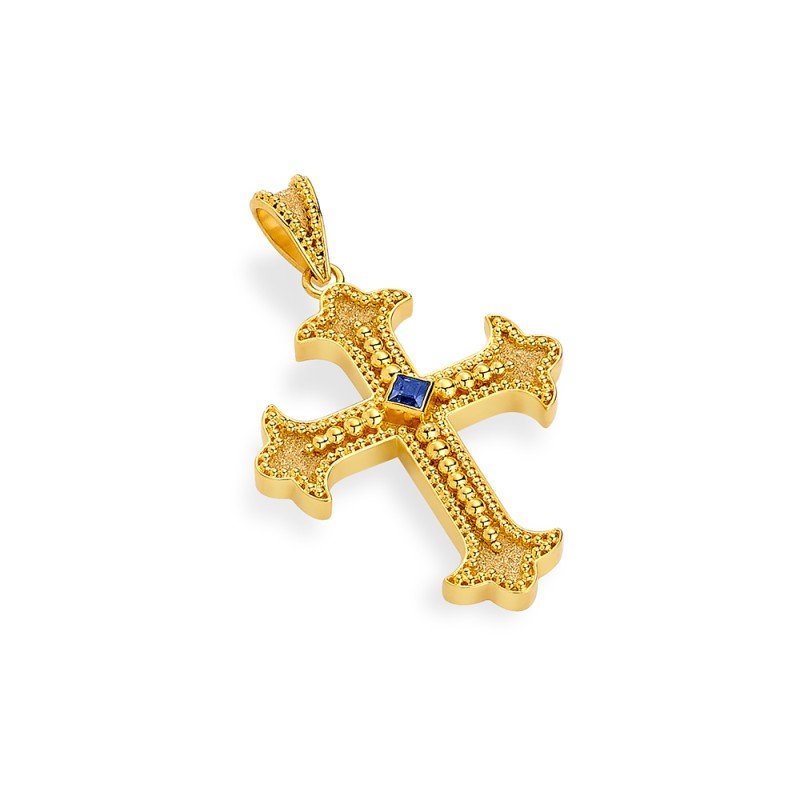 Damaskos Byzantine 18K Gold Cross with Square Sapphire