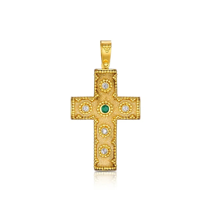 Damaskos Byzantine 18K Gold Cross with Emerald