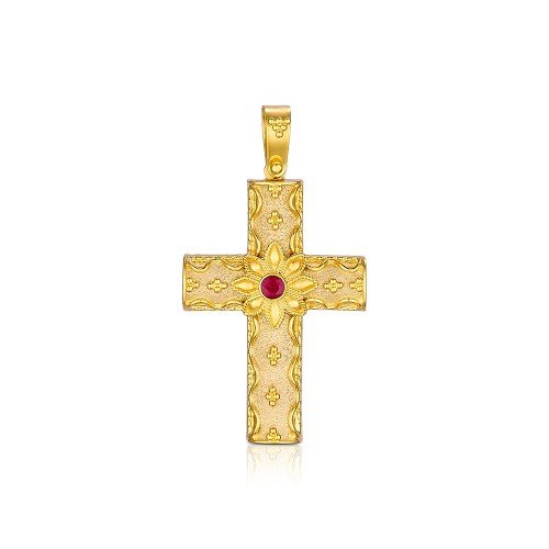 Damaskos Byzantine 18K Gold Cross with Ruby - Rosette