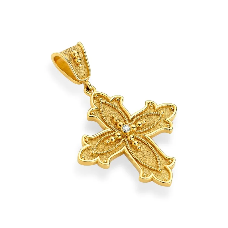 Damaskos Byzantine 18K Gold Cross with Diamond - Twisted Wire