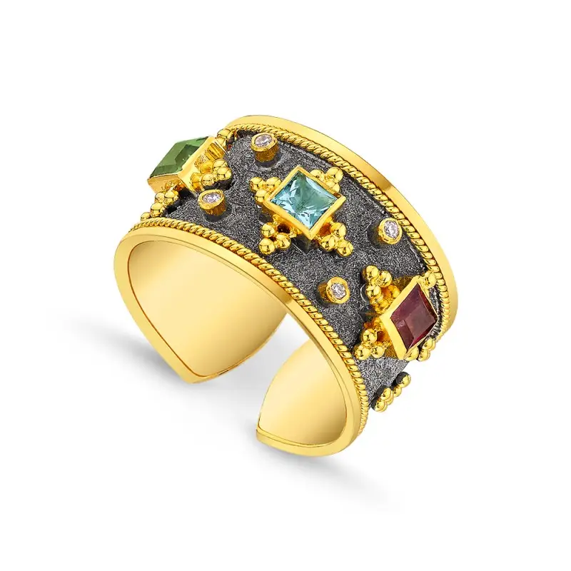 Damaskos Byzantine 18K Gold Ring with Blue Topaz & Tourmalines