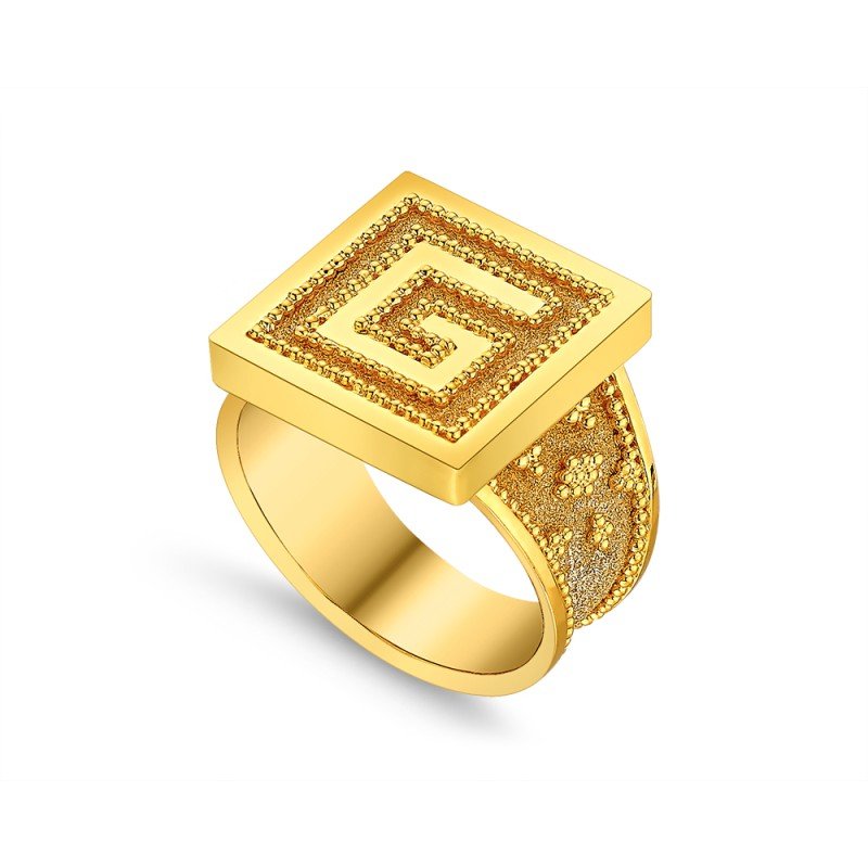 Damaskos Archaic 18K Gold Ring with Greek Key