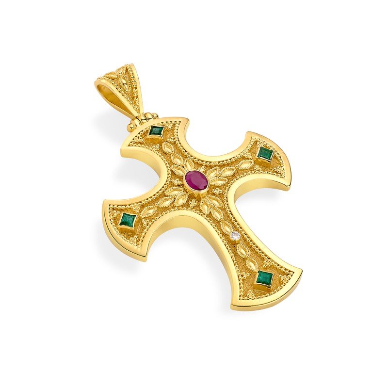 Damaskos Byzantine 18K Gold Cross with Rubies, Emeralds & Diamonds