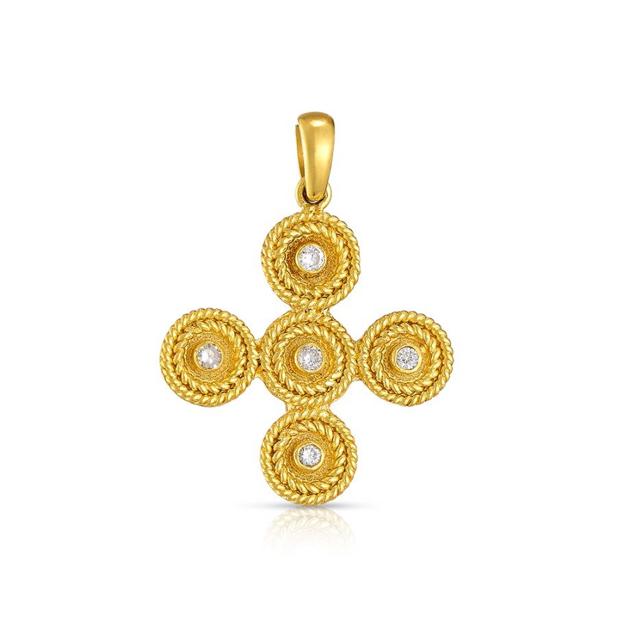 Damaskos Byzantine 18K Gold Cross with Five Diamonds Front View