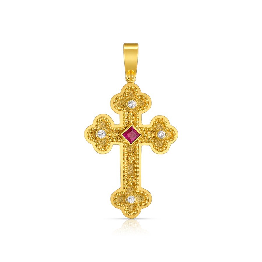 Damaskos Byzantine 18K Gold Cross with Square Ruby & Diamonds side view