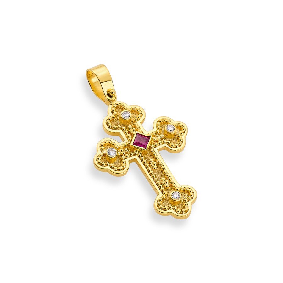 Damaskos Byzantine 18K Gold Cross with Square Ruby & Diamonds front view