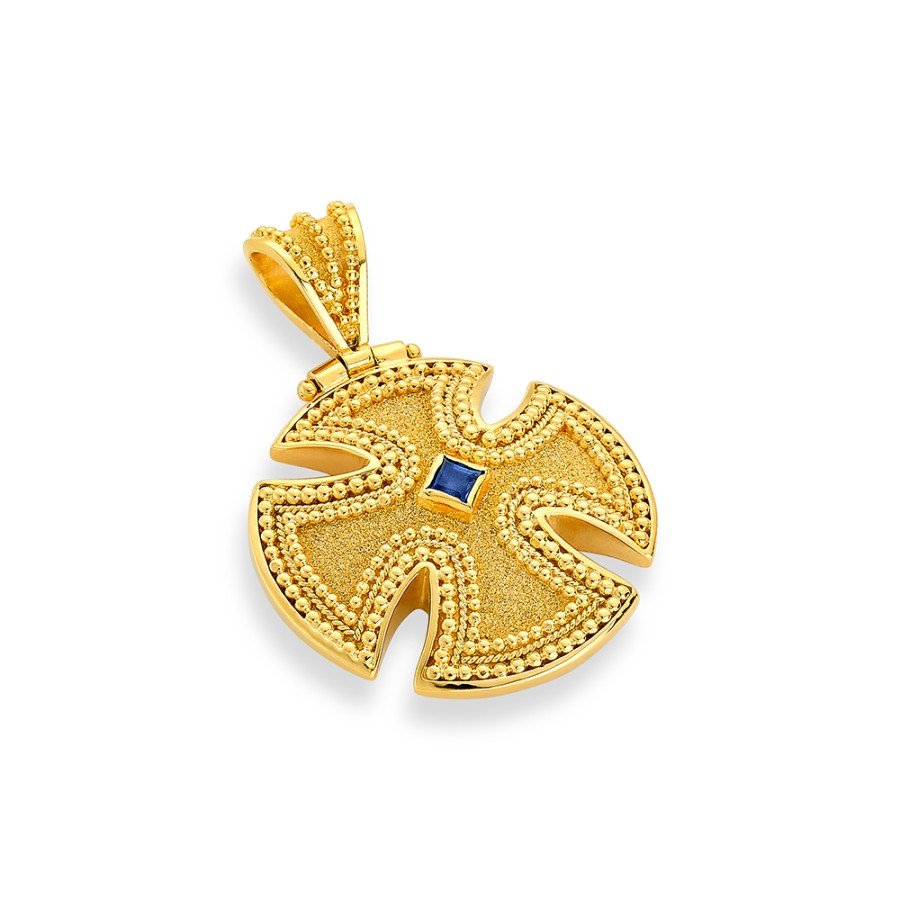 Damaskos Byzantine 18K Gold Cross with Sapphire side view