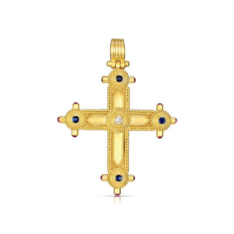 Damaskos Byzantine 18K Gold Cross with Sapphires, Rubies & Diamond front view